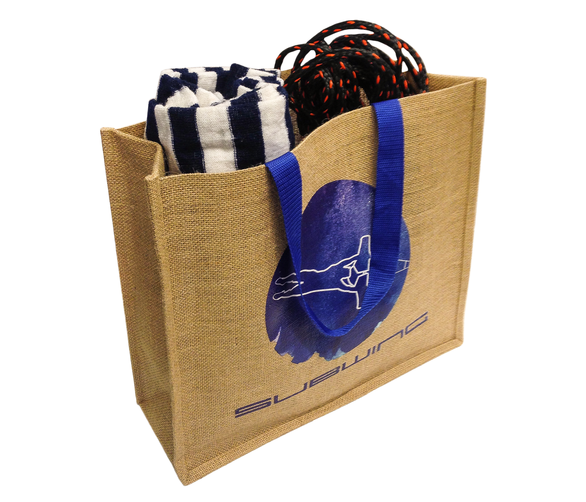 Filled jute beach bag with Subwing logo 