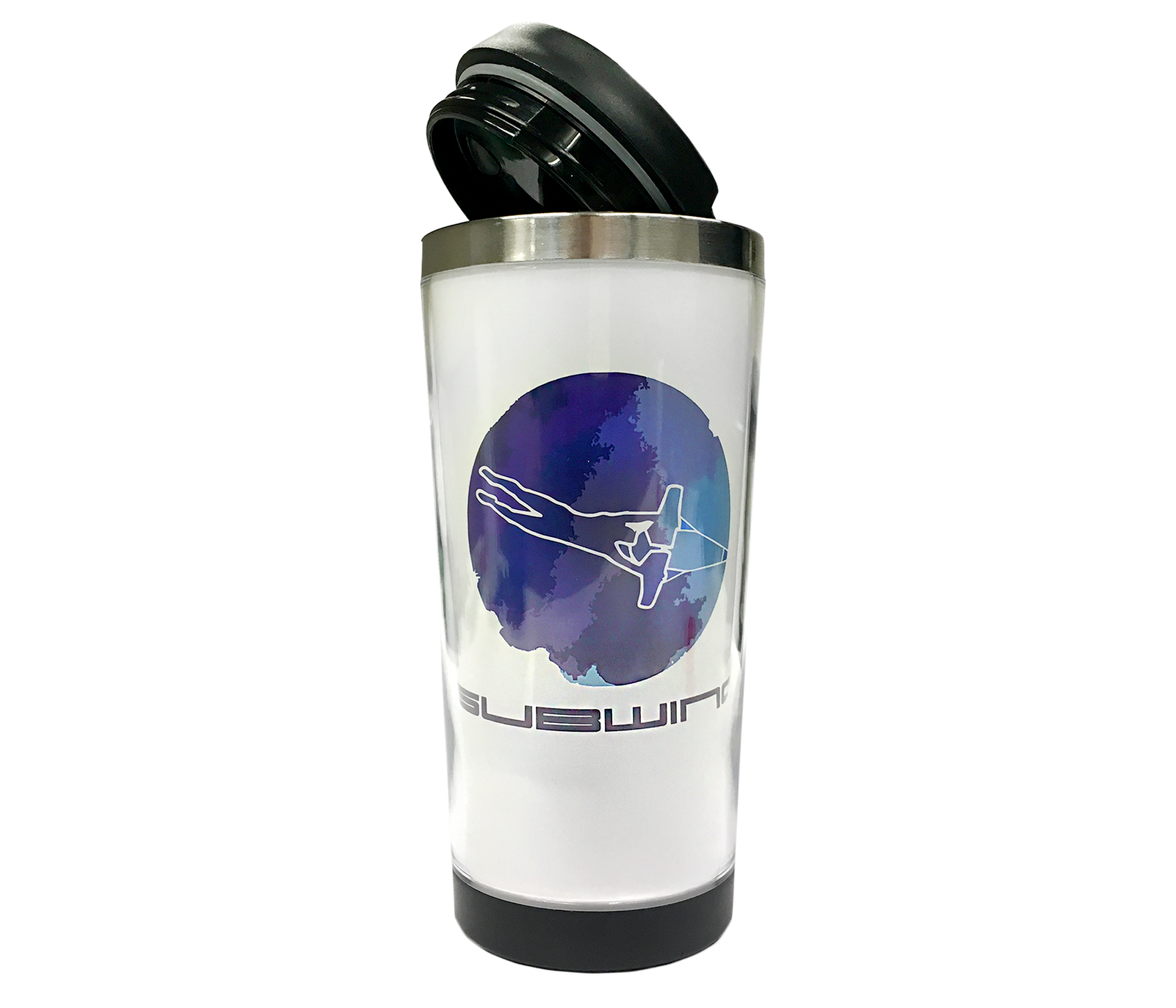 Subwing thermal travel mug open with blue logo