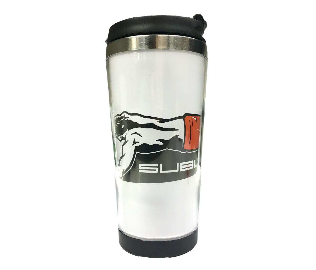 Subwing thermal travel mug closed with black and red logo