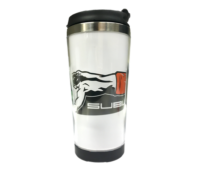 Subwing thermal travel mug closed with black and red logo